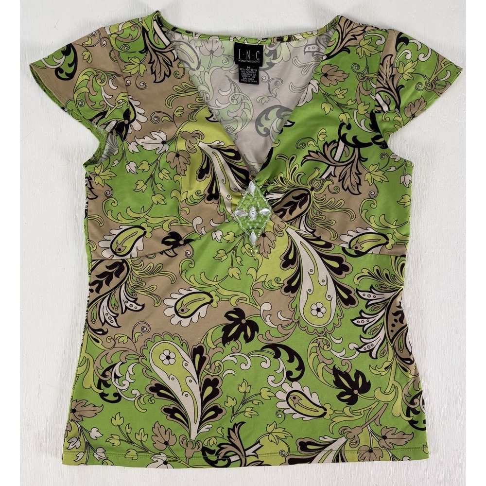 INC Y2K vintage Green Paisley Print V Neck Jewel Blouse Top Women Size M